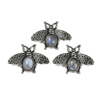 Insect Natural Labradorite Pendants, with Brass Findings, Antique Silver, 25x34.5x7mm, Hole: 3x5.5mm