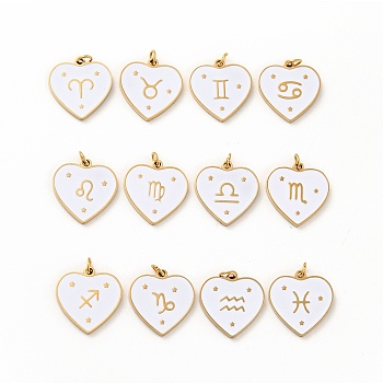 Vacuum Plating 304 Stainless Steel Pendants, with Jump Rings and Enamel, Heart, Golden, 12 Constellations, 15x15x1.5mm, Hole: 2.8mm