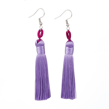 Polyester Tassel Earrings, with 304 Stainless Steel Earring Hooks, Stainless Steel Color, Lilac, 82mm, Pin: 0.6mm