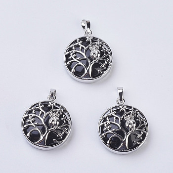 Natural Black Agate Pendants, with Brass Findings, Flat Round with Tree of Life, Platinum, 31~32x27x8~9mm, Hole: 5x7mm