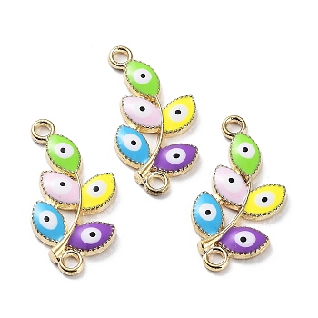 Alloy Enamel Evil Eye Connector Charms, Golden Plated Leaf Links, Colorful, 25x12x2.1mm, Hole: 1.8mm