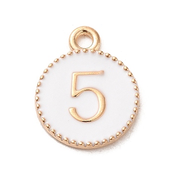 Alloy Enamel Pendants, Light Gold, Flat Round with Number 5 Charm, White, 19x15x2mm, Hole: 2.2mm