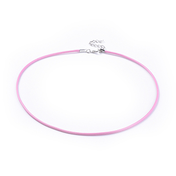 Waxed Cord Necklace Cords, with Platinum Color Zinc Alloy Lobster Clasps and Iron Chains, Pink, about 18.1 inch long, 2mm in diameter