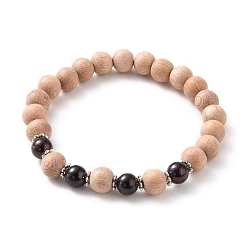 Round Natural Garnet Beaded Stretch Bracelets, with Natural Wood Beads and Alloy Spacer Beads, Inner Diameter: 2-1/4 inch(5.6cm)