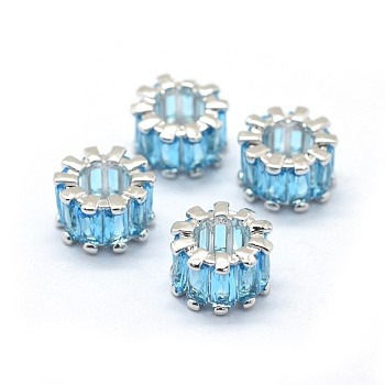 Cubic Zirconia European Beads, Large Hole Beads, with Brass Findings, Column, Platinum, Deep Sky Blue, 10.5x6.5mm, Hole: 5.5mm