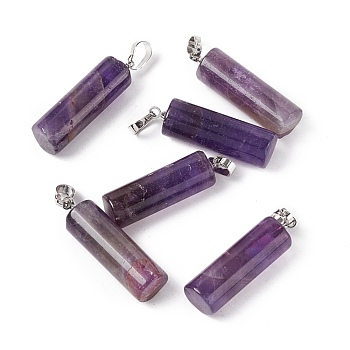 Natural Amethyst Pendants, with Platinum Tone Brass Findings, Column Charm, 27x8mm, Hole: 6x3.2mm