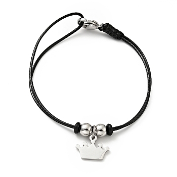 304 Stainless Steel Crown Charm Bracelet with Waxed Cord for Women, Stainless Steel Color, 7 inch(17.8cm)