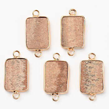 Natural Picture Jasper Links, with Light Gold Plated Edge Brass Loops, Rectangle, 28.5x15x3.5mm, Hole: 2mm