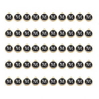 Golden Plated Alloy Charms, with Enamel, Enamelled Sequins, Flat Round, Black, Letter.M, 14x12x2mm, Hole: 1.5mm, 50pcs/Box