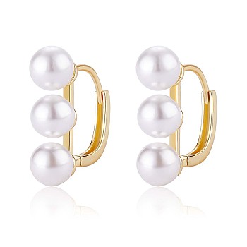 Triple Shell Pearl Beaded Hoop Earrings, Brass Jewelry for Women, Golden, 18x19.3mm, Pin: 1mm