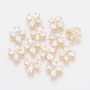 Brass Cubic Zirconia Links, Nickel Free, Real 18K Gold Plated, Butterfly, 10x10.5x3mm, Hole: 1mm