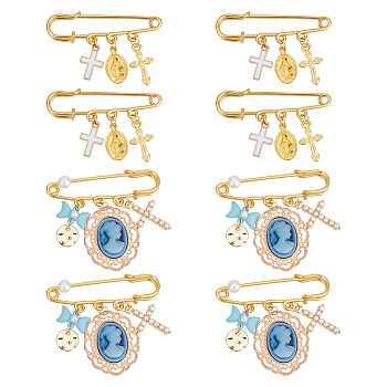 8Pcs 2 Style Alloy Enamel Cross & Resin Princess & Acrylic Bowknot Charms Safety Pin Brooches, Golden Iron Sweater Shawl Clips for Waist Pants Extender Clothes Dresses Decoration, Mixed Color, 31~46mm, 4Pcs/style