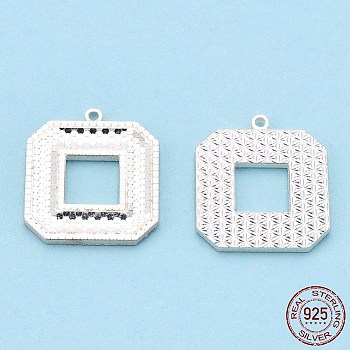 925 Sterling Silver Pendants, Square Charms, Silver, 17x15x1.5mm, Hole: 1mm