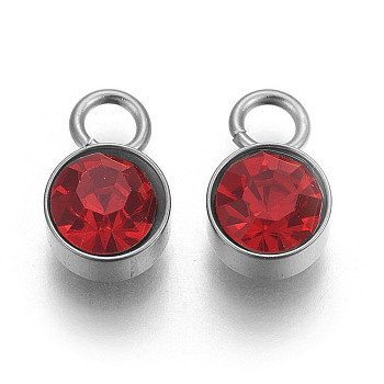 Glass Rhinestone Charms, Birthstone Charms, with Stainless Steel Color Tone 201 Stainless Steel Findings, Flat Round, Light Siam, 10x6x5mm, Hole: 2mm