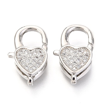 Brass Micro Pave Cubic Zirconia Lobster Claw Clasps, Heart, Platinum, 17x10x5mm, Hole: 1x2mm