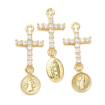 Brass Micro Pave Clear Cubic Zirconia Pendants, Rack Plating, Long-Lasting Plated, Lead Free & Cadmium Free, Cross & Saint, Real 18K Gold Plated, 29~31.5x11x3mm, Hole: 1.8mm