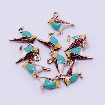 Alloy Enamel Pendants, Cadmium Free & Lead Free, Sparrow, Light Gold, Green, 14x15x5.5mm, Hole: 1.5mm