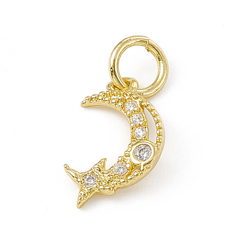 Brass Micro Pave Cubic Zirconia Charms, with Jump Ring, Moon & Star Charm, Real 18K Gold Plated, 13x8x1mm, Hole: 3mm