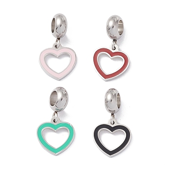 304 Stainless Steel European Dangle Charms, Large Hole Pendants, with Enamel, Stainless Steel Color, Heart, Mixed Color, 21.5mm, Hole: 4.5mm