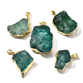 Raw Rough Natural Dyed Quartz Crystal Pendants, Nuggets Charms, with Brass Findings, Light Gold, Green, 21~45x18~39x8~19mm, Hole: 7x4.5mm