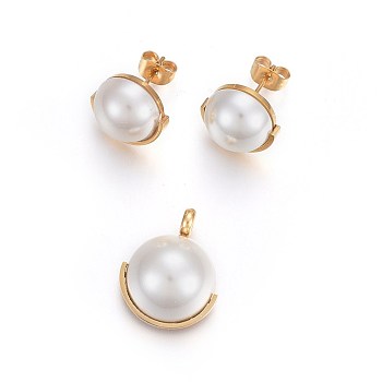 304 Stainless Steel Jewelry Sets, Pendant and Stud Earrings, with Acrylic Pearl Beads, Half Round, White, Golden, 20.5x17x9mm, Hole: 3mm, 19x13mm, Pin: 0.8mm