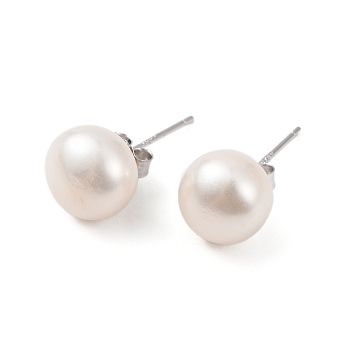 Natural Pearl Round Bead Stud Earrings, with Real Platinum Plated 925 Sterling Silver Findings, White, 18x9~10mm