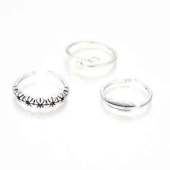 Adjustable Brass Stackable Finger Ring Sets, Cuff Rings, Open Rings, Antique Silver & Silver, 16.8~17.8mm, 3pcs/set