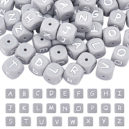 ARRICRAFT 52Pcs 26 Style Silicone Beads, Cube with Letter, Light Grey, 12x12x12mm, Hole: 2mm, 2pcs/style(SIL-AR0001-03C)