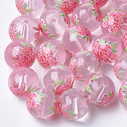 Printed & Spray Painted Transparent Glass Beads, Round with Flower Pattern, Pink, 8~8.5x7.5mm, Hole: 1.4mm(X-GLAA-S047-04A-02)