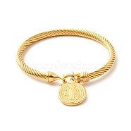Ion Plating(IP) 304 Stainless Steel Saint Benedict Charms Twist Rope Bangle for Women, Golden, Inner Diameter: 2-3/8 inch(6cm)(BJEW-P283-06G)