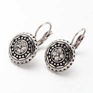 316 Surgical Stainless Steel Leverback Earrings, Flat Round, with Rhinestones, Antique Silver, 24x14x3.5mm, Pin: 0.8mm(EJEW-K042-22AS)