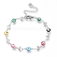 304 Stainless Steel Link Bracelets, with Enamel and Lobster Claw Clasps, Evil Eye & Heart with Word Love, Colorful, Stainless Steel Color, 7-1/2 inch(19cm)(BJEW-M203-10P)