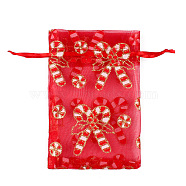 Christmas Theme Rectangle Printed Organza Drawstring Bags, with Glitter Powder, Red, Candy Cane, Christmas Themed Pattern, 15x10cm(CON-PW0001-066A-09)