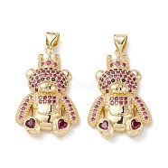 Brass Micro Pave Cubic Zirconia Pendants, Real 16K Gold Plated, Bear Charms, Medium Violet Red, 28x18x5.5mm, Hole: 5x3mm(KK-M240-17B)