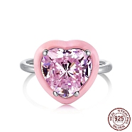 Rhodium Plated 925 Sterling Silver Finger Rings, Birthstone Ring, Real Platinum Plated, with Enamel & Cubic Zirconia for Women, Heart, Pink, 1.9mm, US Size 7(17.3mm)(RJEW-A019-42B-01P)