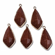 Synthetic Goldstone Charms, with Golden Plated Brass Edge and Loop, Faceted, Rhombus, 35x17.5x8.5mm, Hole: 2mm(G-Q998-029E)