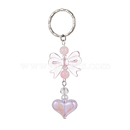 Acrylic Heart with Bowknot Keychains, with Glass Beads and Iron Keychain Clasp, Pink, 9.4cm(KEYC-JKC00612-03)