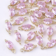 Transparent Glass Links connectors, with Brass Findings, Faceted, Oval, Light Gold, Pearl Pink, 11x4x4mm, Hole: 1mm(X-GLAA-T007-10E)