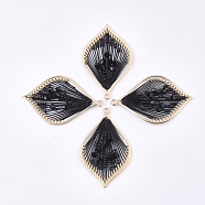 Polyester Thread Woven Big Pendants, with Glass and Golden Plated Alloy Findings, Long-Lasting Plated, Leaf, Black, 55.5x34x4mm, Hole: 2mm(FIND-S319-14A)