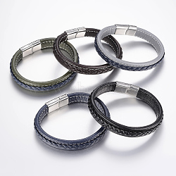 Braided Leather Cord Bracelets, with 304 Stainless Steel Magnetic Clasps, Greek Pattern, Mixed Color, 8-5/8 inch(220mm), 26x13x7mm(BJEW-H561-01)