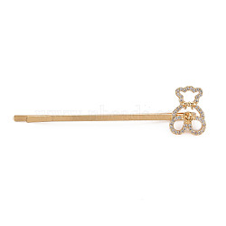 Brass Micro Pave Clear Cubic Zirconia Hair Bobby Pin Findings, for Half Drilled Bead, Nickel Free, Bear, Real 18K Gold Plated, 62x16x7.5mm, Fit For 0.7mm Half Drilled Bead(KK-S356-649-NF)