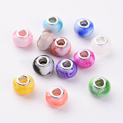 Opaque Resin European Beads, Large Hole Beads, Imitation Gemstone Style, with Silver Tone Brass Double Cores, Rondelle, Mixed Color, 14x9.5mm, Hole: 5mm(RPDL-T003-005)