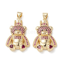 Brass Micro Pave Cubic Zirconia Pendants, Real 16K Gold Plated, Bear Charms, Medium Violet Red, 28x18x5.5mm, Hole: 5x3mm(KK-M240-17B)