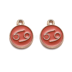 Alloy Enamel Pendants, Flat Round with Constellation/Zodiac Sign, Golden, Cancer, Tomato, 15x12x2mm, Hole: 1.5mm(ENAM-S124-01B-12D)