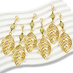 6Pcs Alloy & Glass Pendant Decorations, with Alloy Lobster Claw Clasps, Leaf, Golden, 86mm(HJEW-YW00328-02)