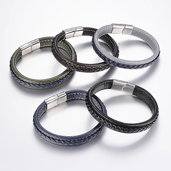 Braided Leather Cord Bracelets, with 304 Stainless Steel Magnetic Clasps, Greek Pattern, Mixed Color, 8-5/8 inch(220mm), 26x13x7mm