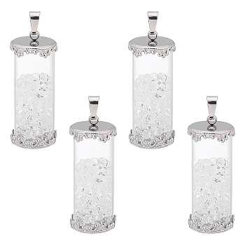 4Pcs Transparent Glass Pendants, with Crystal Rhinestone inside and 304 Stainless Steel Findings, Column, Stainless Steel Color, 32x13.5mm, Hole: 2.5x5mm