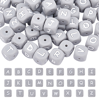 ARRICRAFT 52Pcs 26 Style Silicone Beads, Cube with Letter, Light Grey, 12x12x12mm, Hole: 2mm, 2pcs/style