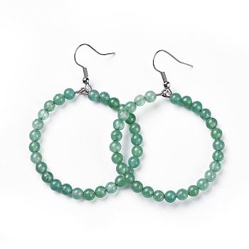 Natural Aventurine Dangle Earrings, with Stainless Steel Hook, Ring, 60~61x44mm, Pin: 0.6mm