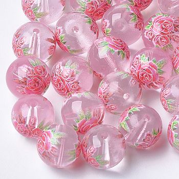 Printed & Spray Painted Transparent Glass Beads, Round with Flower Pattern, Pink, 8~8.5x7.5mm, Hole: 1.4mm
